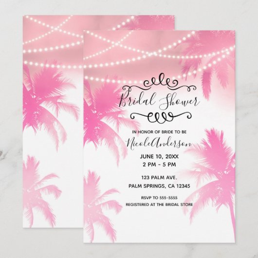 Tropical Pink Palm Trees & Lights Vrijgezellenfees Kaart (Voorkant / Achterkant)