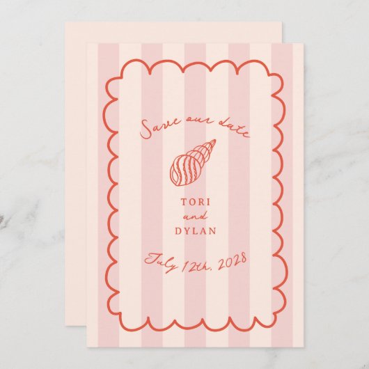 Tropical Pink Stripe Seashell Save The Date (Voorkant / Achterkant)