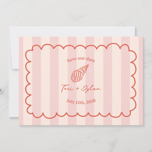 Tropical Pink Stripe Seashell Sla de datumfoto op Save The Date (Voorkant)