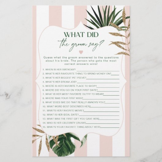 Tropical pink Wat zei de bruidegom vrijgezellenfee (Voorkant)