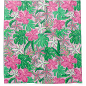 Tropical Pink White Flowers Palm Leaves Preppy Douchegordijn (Voorkant)
