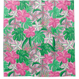 Tropical Pink White Flowers Palm Leaves Preppy Douchegordijn