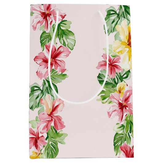 Tropical Pink Yellow Hibiscus Flowers Birthday Medium Cadeauzakje (Voorkant)