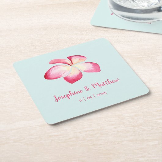 Tropical Plumeria Roze Waterverf Bruiloft Kartonnen Onderzetters (Schuin)