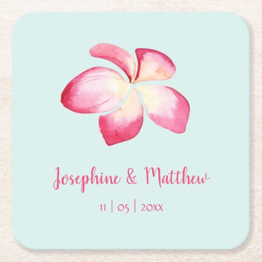 Tropical Plumeria Roze Waterverf Bruiloft Kartonnen Onderzetters (Voorkant)