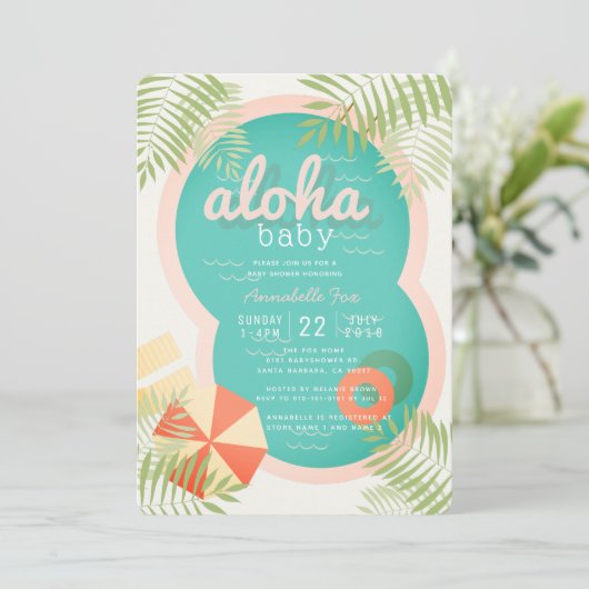 Tropical Pool Beige Aloha Baby shower Uitnodiging (Staand voorkant)