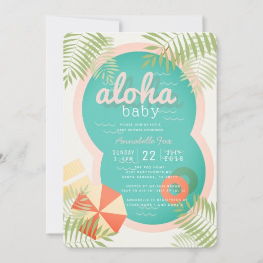 Tropical Pool Beige Aloha Baby shower Uitnodiging (Voorkant)