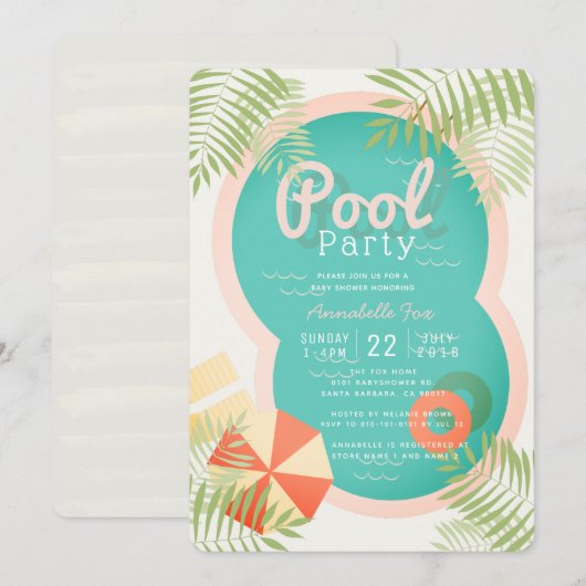 Tropical Pool Party Beige Baby shower Uitnodiging (Voorkant / Achterkant)