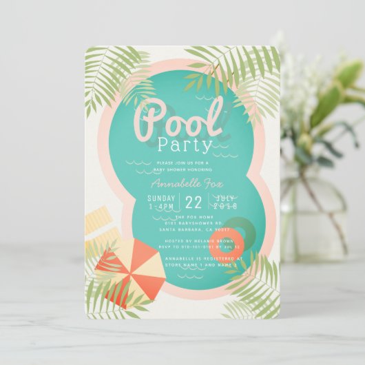 Tropical Pool Party Beige Baby shower Uitnodiging (Staand voorkant)