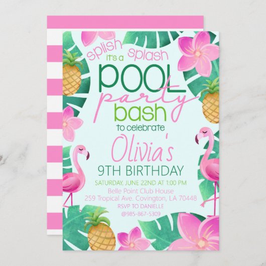 Tropical Pool Party Birthday Party Invitation Kaart (Voorkant / Achterkant)
