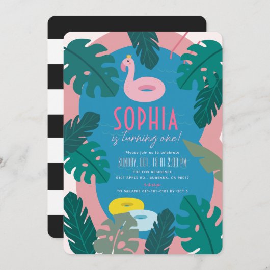 Tropical Pool Party Roze Meisje 1e Verjaardag Kaart (Voorkant / Achterkant)