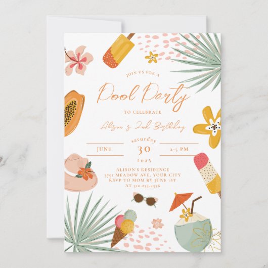 Tropical Pool Party Zomer Verjaardag Uitnodiging (Voorkant)