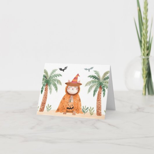 Tropical Pumpkin Paws – Cute Halloween Cat Card Bedankkaart (Voorkant)