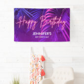 Tropical Purple Neon Pink Palm Leaf Happy Birthday Spandoek (Insitu)