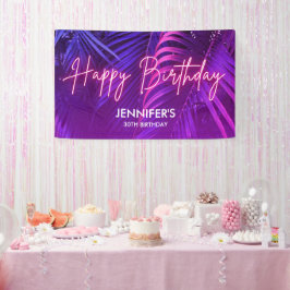 Tropical Purple Neon Pink Palm Leaf Happy Birthday Spandoek