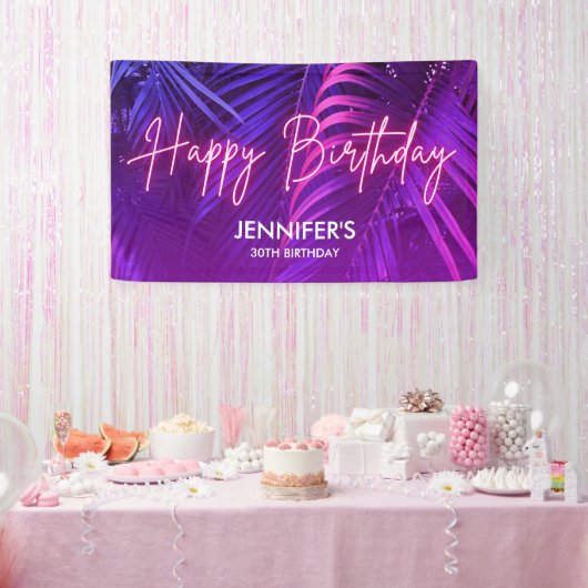 Tropical Purple Neon Pink Palm Leaf Happy Birthday Spandoek (Feest)