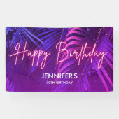 Tropical Purple Neon Pink Palm Leaf Happy Birthday Spandoek (Horizontaal)