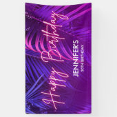 Tropical Purple Neon Pink Palm Leaf Happy Birthday Spandoek (Verticaal)