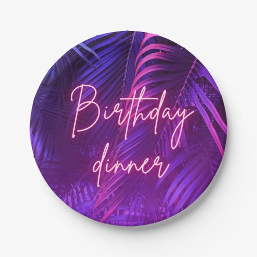 Tropical Purple Palm Leaf Birthday Dinner Papieren Bordje (Voorkant)
