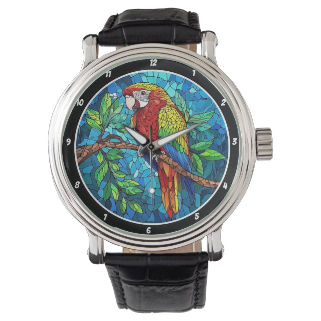 Tropical Radiance" - Stained Glass Macaw Horloge (Voorkant)