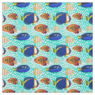 Tropical Reef Fish Pattern in Sinaasappel en Blauw Stof
