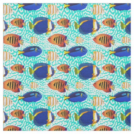 Tropical Reef Fish Pattern in Sinaasappel en Blauw Stof (Swatch)