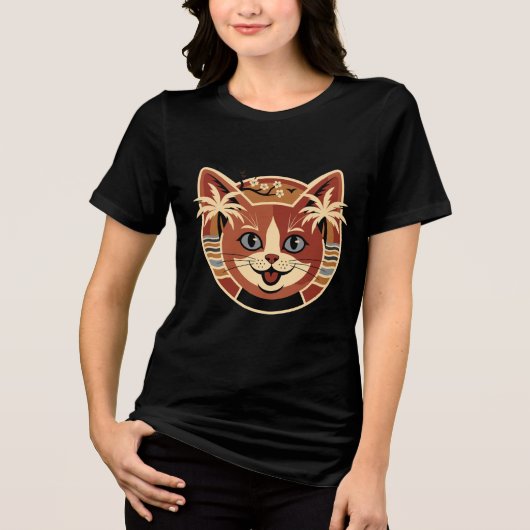 Tropical Retro Cat Design Tri-Blend Shirt (Voorkant)