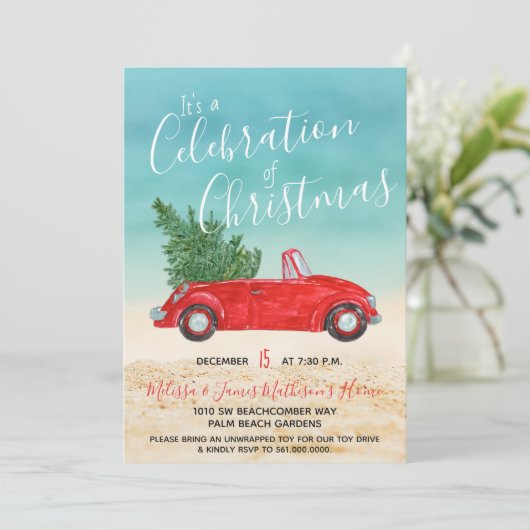 #Tropical rode auto #Christmas viering Kaart (Staand voorkant)