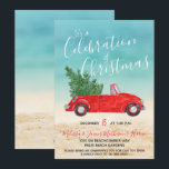 #Tropical  rode auto #Christmas viering Kaart<br><div class="desc">Deze leuke tropische uitnodiging is onze versie van de trendy rode pick-up truck besneeuwde delen van de wereld sturen dit vakantieseizoen. Het beschikt over een rode cabriolet - top-down, want we kunnen! — met een kerstboom op de achterbank op weg naar huis naar een zeer warm en tropisch kerstfeest. UW...</div>