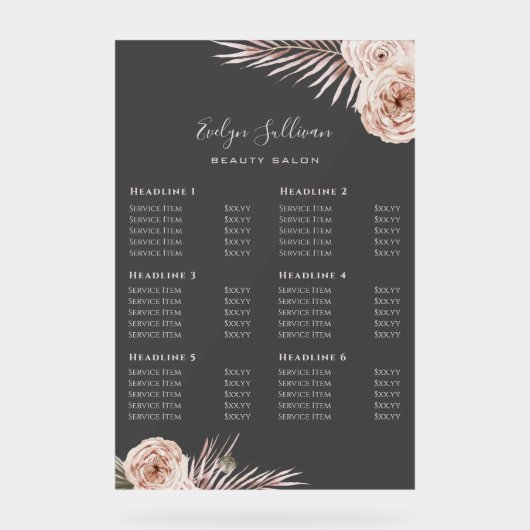 Tropical Rozen Transparent Zwart prijslijst Acryl Bord (Voorkant)