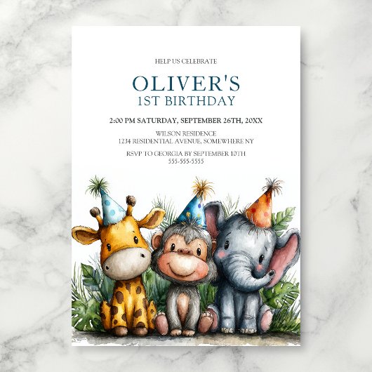 Tropical Safari Animals 1st Birthday Party Kaart