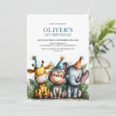 Tropical Safari Animals 1st Birthday Party Kaart (Staand voorkant)