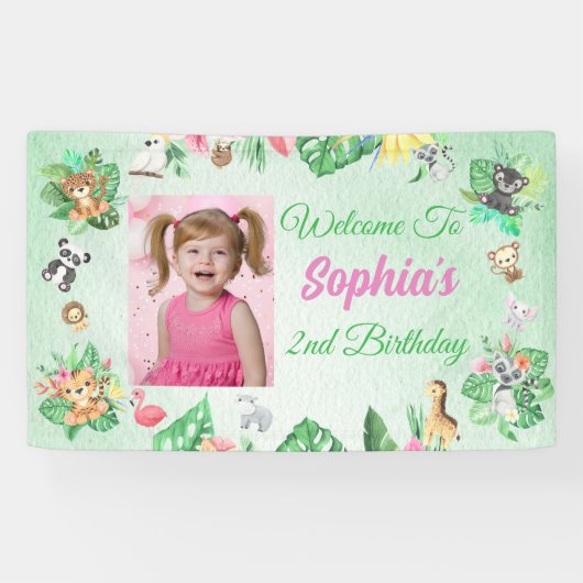 Tropical Safari Oerwoud Animals Kids Verjaardag Spandoek (Horizontaal)
