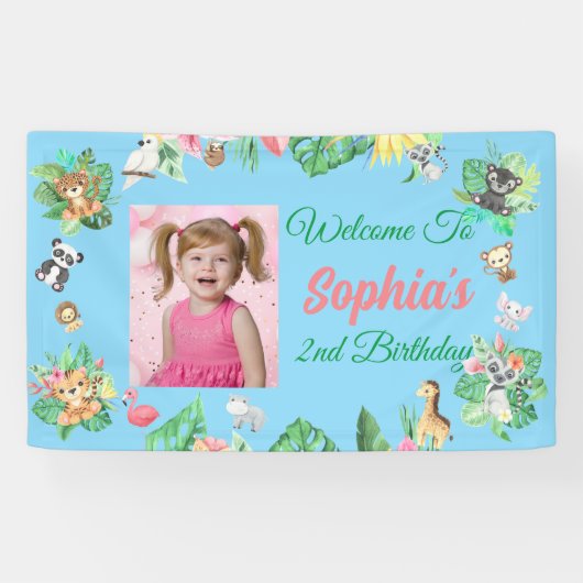Tropical Safari Oerwoud Animals Kids Verjaardag Spandoek (Horizontaal)