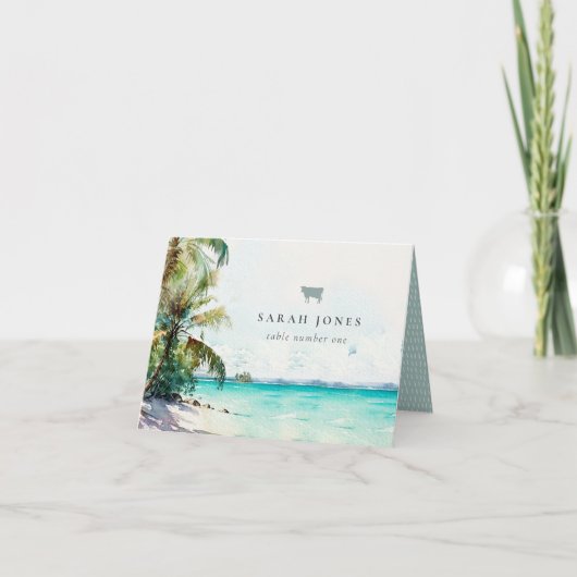 Tropical Sand Palm Trees Wedding Place Card Koe Bedankkaart (Voorkant)