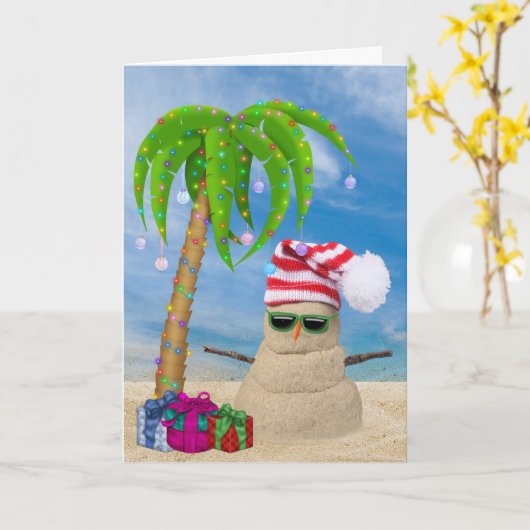 Tropical Sand Snowman with Christmas palm tree Kaart (Gele Bloem)
