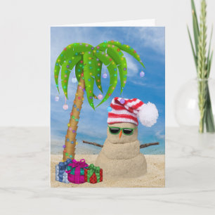 Tropical Sand Snowman with Christmas palm tree Kaart