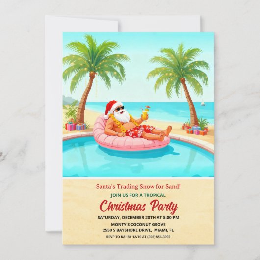 Tropical Santa Christmas Pool Party Invitation Kaart (Voorkant)