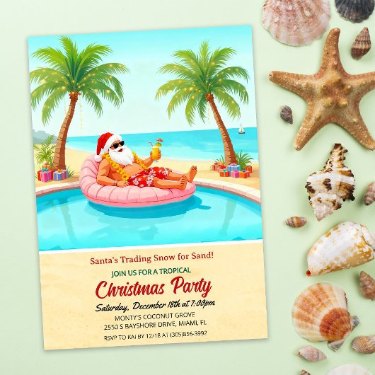 Tropical Santa Christmas Pool Party Invitation Kaart
