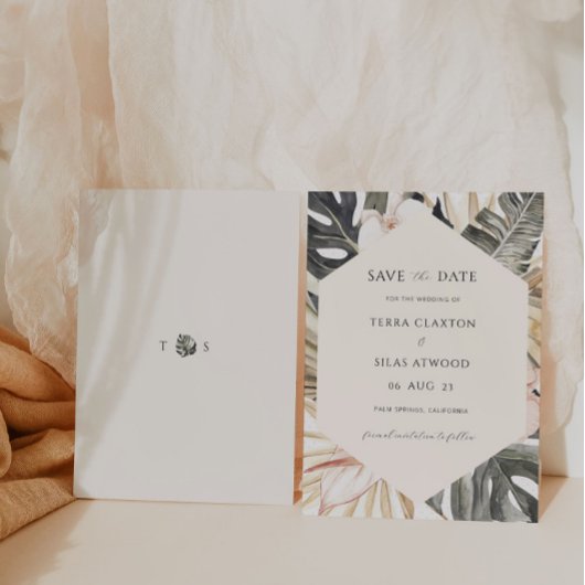 Tropical Save the Date Monstera Leaf Uitnodiging