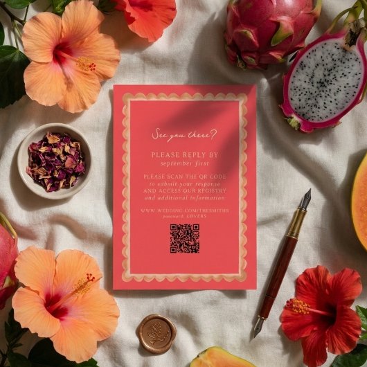Tropical Scallop Border Pink QR Wedding RSVP Kaartje