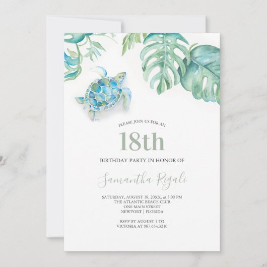 Tropical Sea Turtle Watercolor Birthday Invitation (Voorkant)