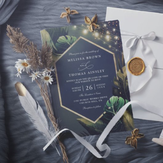 Tropical Seaside Night Gold Palms QR Code Wedding Kaart