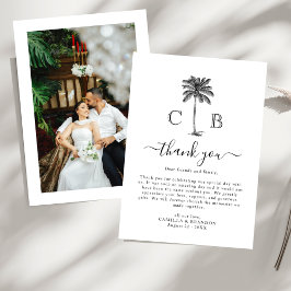 Tropical Simple Palm Initials Photo Wedding  Bedankkaart