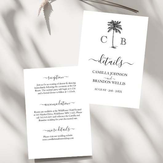 Tropical Simple Palm Monograms Wedding Informatiekaartje