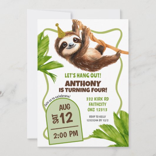 Tropical Sloth Birthday Invitation Kaart (Voorkant)