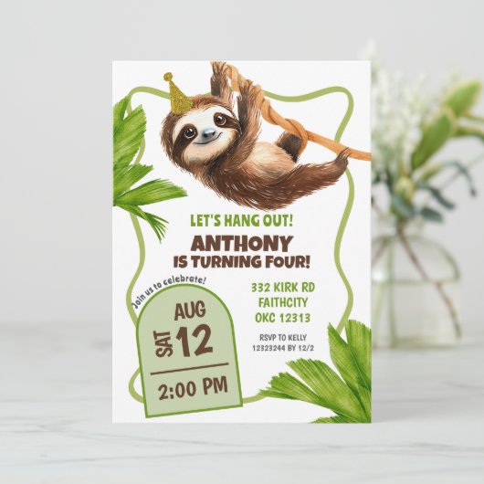 Tropical Sloth Birthday Invitation Kaart (Staand voorkant)