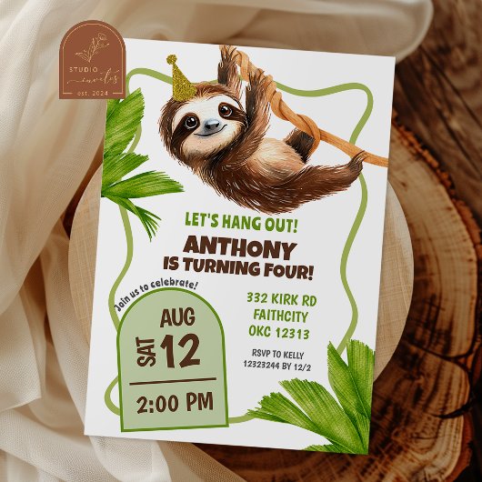 Tropical Sloth Birthday Invitation Kaart