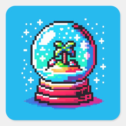 Tropical Snow Wereldbol Unique Pixel Art Beach Win Vierkante Sticker (Voorkant)