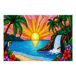 Tropical Stained Glass Sunset Poster